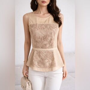 NWT BCBGMaxazria Gold Silk & Lace Peplum Top